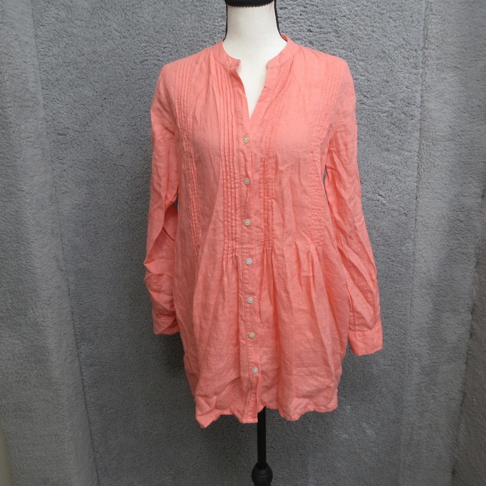 J Jill Love Linen Tunic Shirt Women XS Orange 100% Linen Pintuck Buttoned Boho